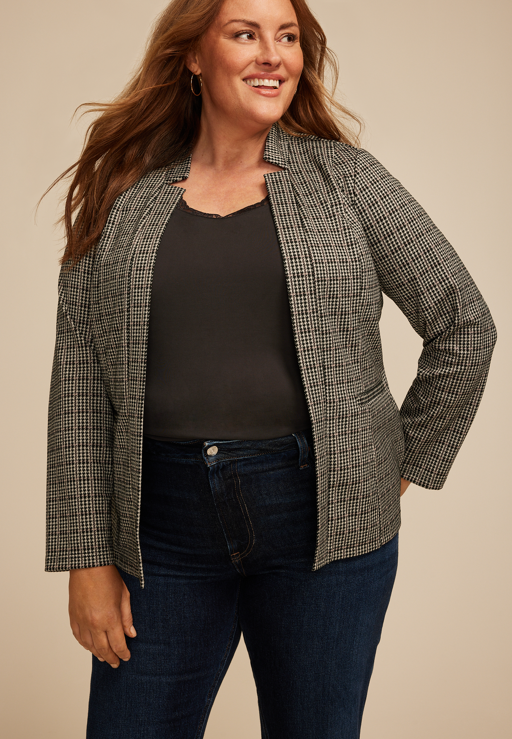 Plus Size Houndstooth Open Front Blazer