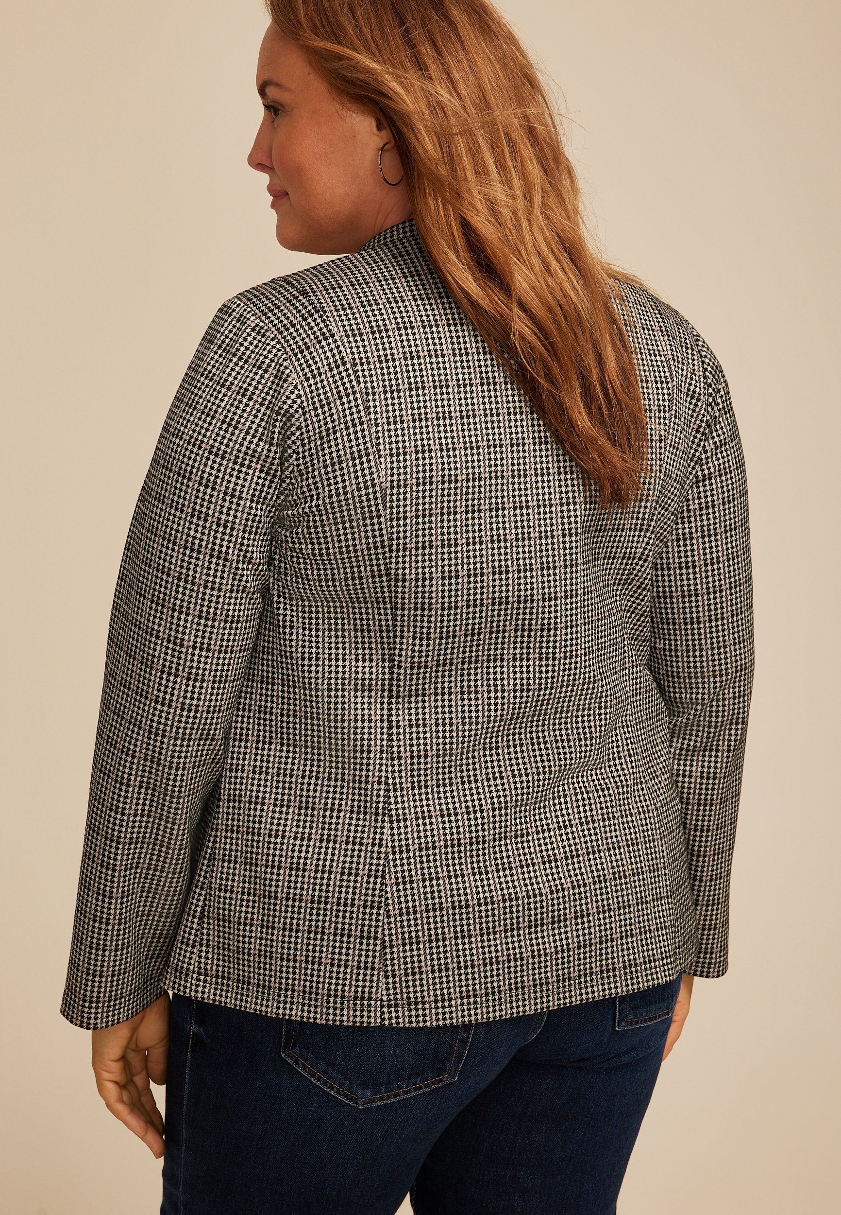 Plus Size Houndstooth Plaid Ponte Knit Blazer, C1756, large