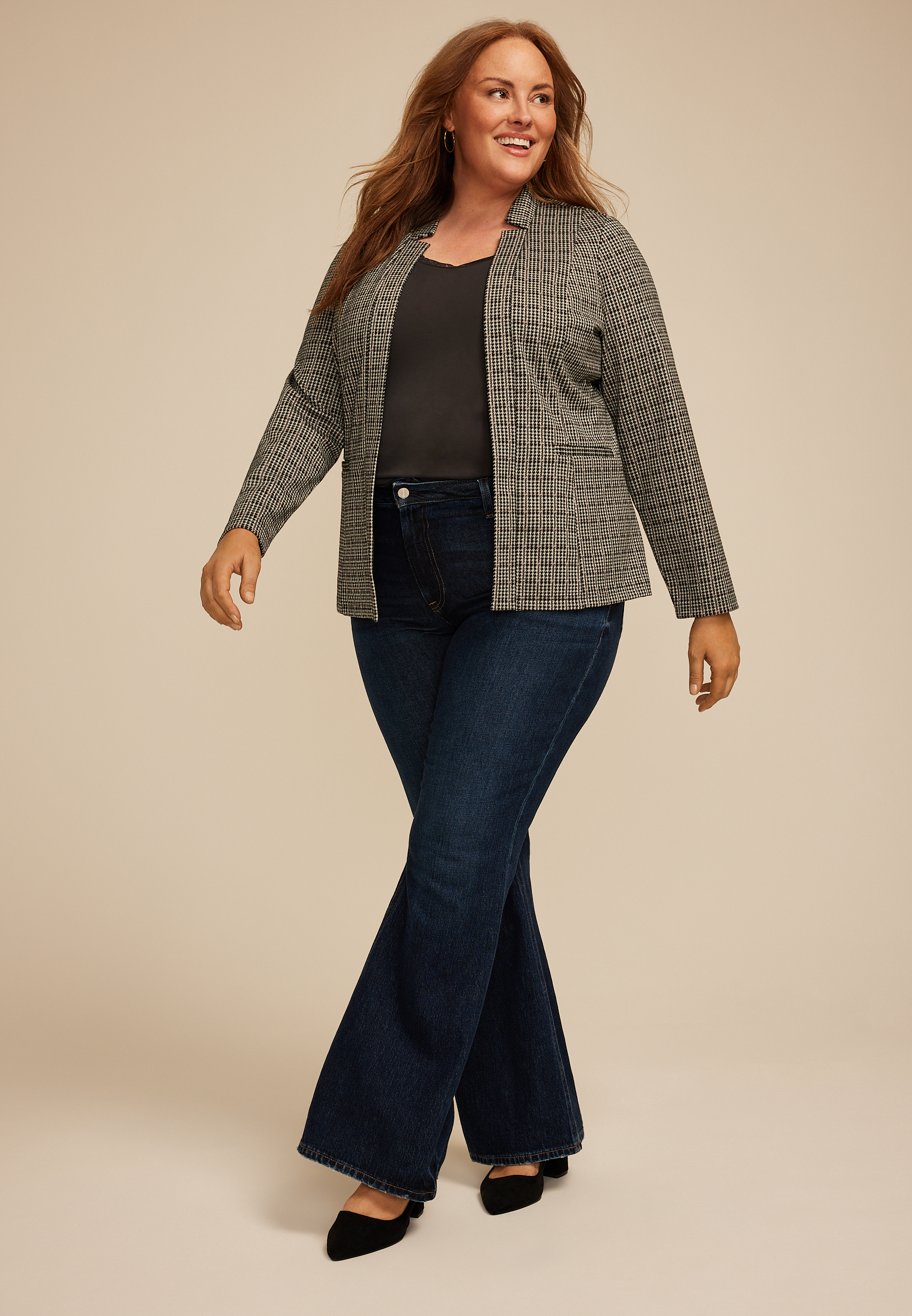 Plus Size Houndstooth Plaid Ponte Knit Blazer, C1756, large