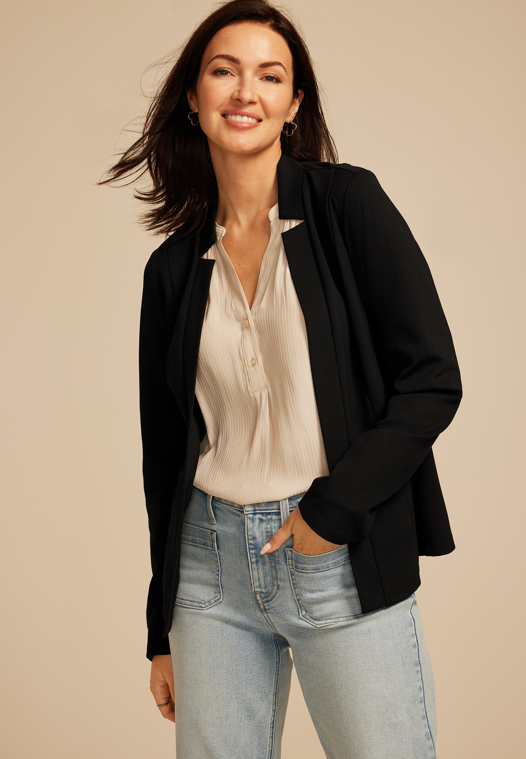 Black Ponte Knit Open Front Blazer 