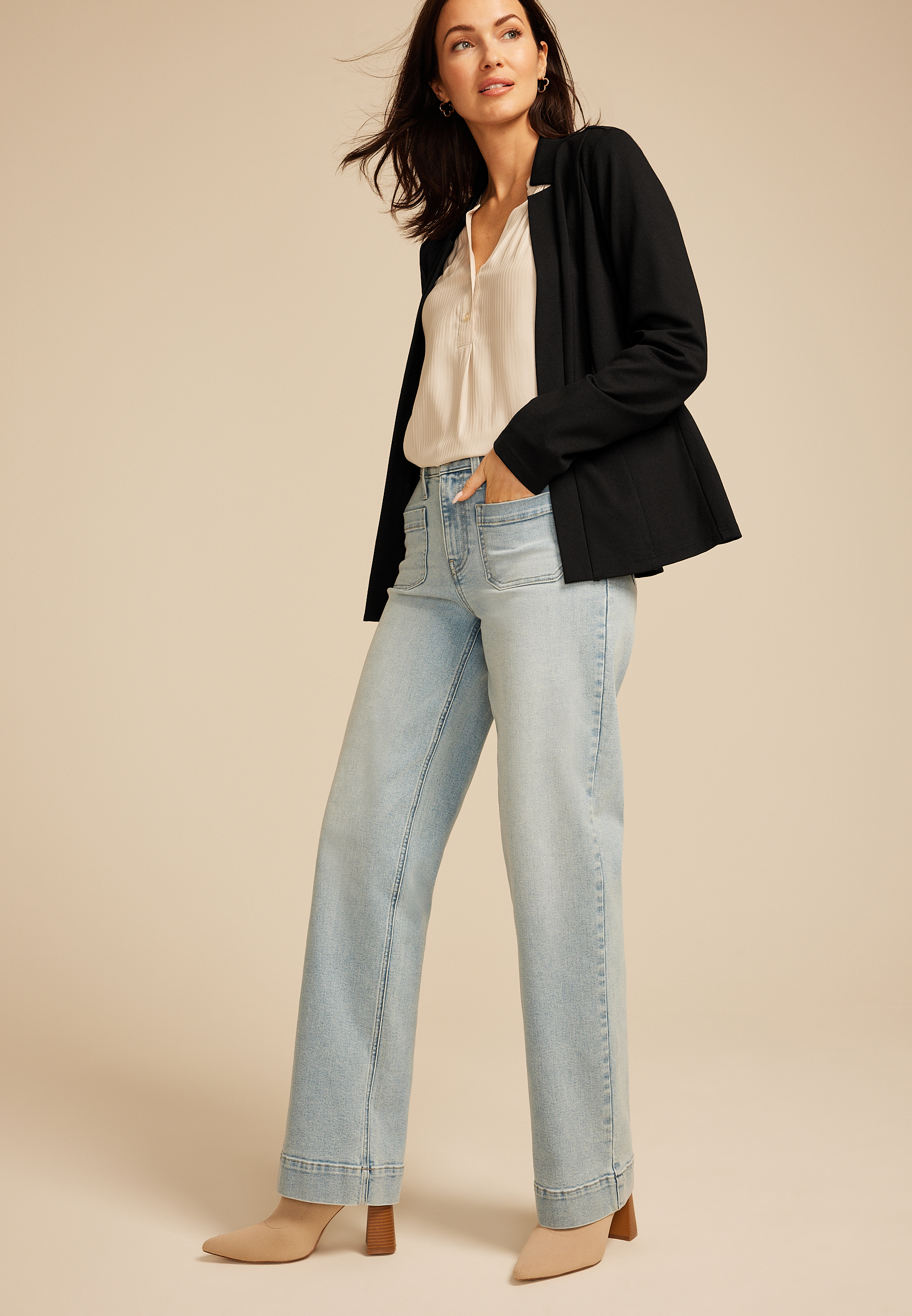 Black Ponte Knit Open Front Blazer, C106, large