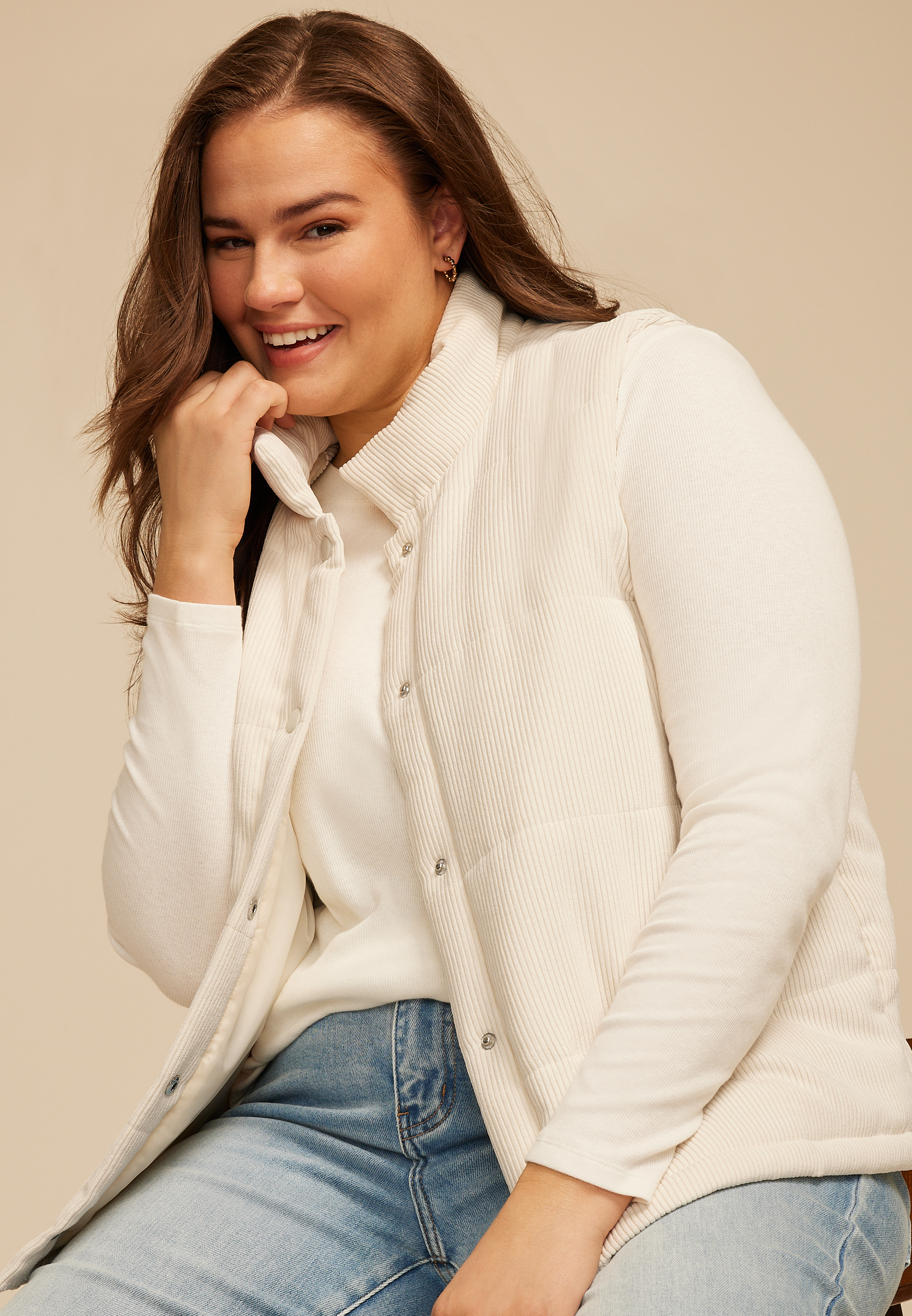 Plus Size Corduroy Quilted Vest, COFFEE CREAMER, large