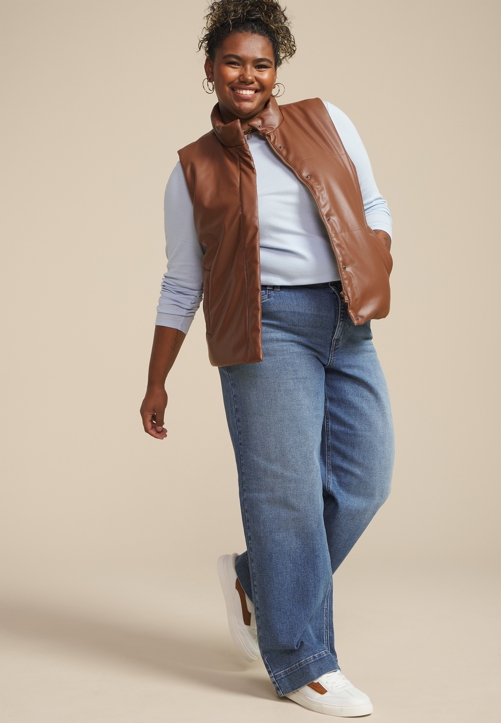 Plus Size Faux Leather Quilted Vest, , large