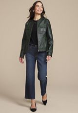 Faux Leather Trucker Jacket, MYRTL GREEN, small