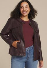 Plus Size Faux Leather Trucker Jacket, BORDEAUX WINE, small