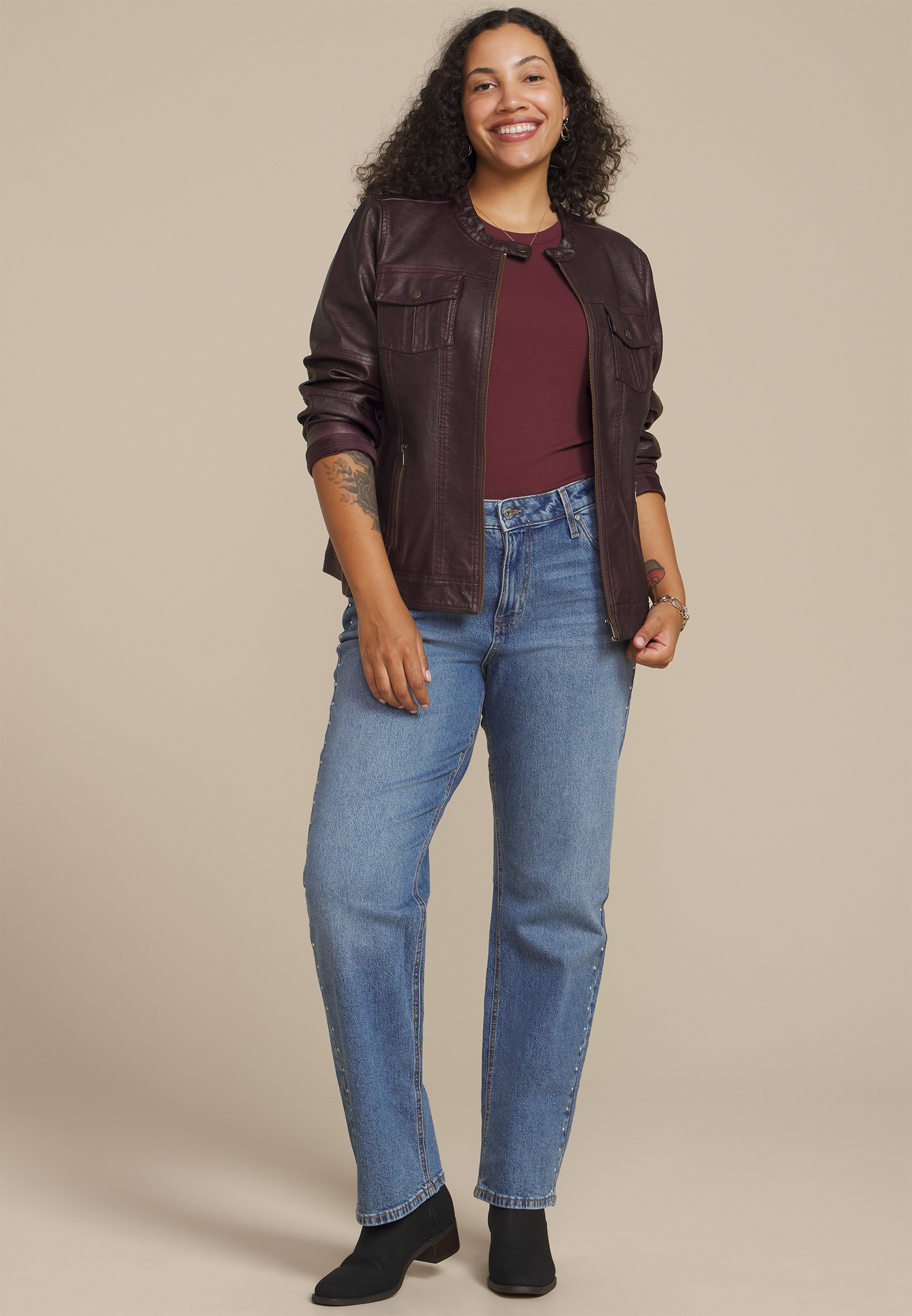 Plus Size Faux Leather Trucker Jacket, BORDEAUX WINE, large