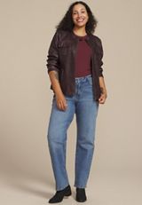 Plus Size Faux Leather Trucker Jacket, BORDEAUX WINE, small