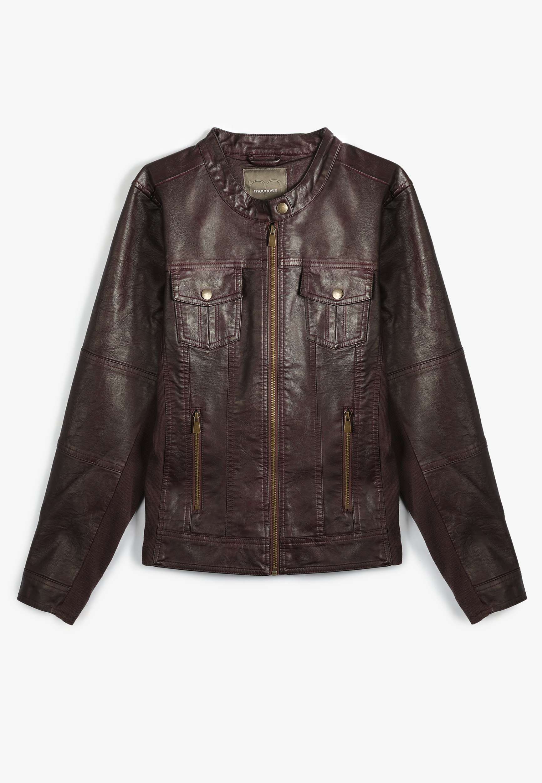 Plus Size Faux Leather Trucker Jacket, BORDEAUX WINE, large