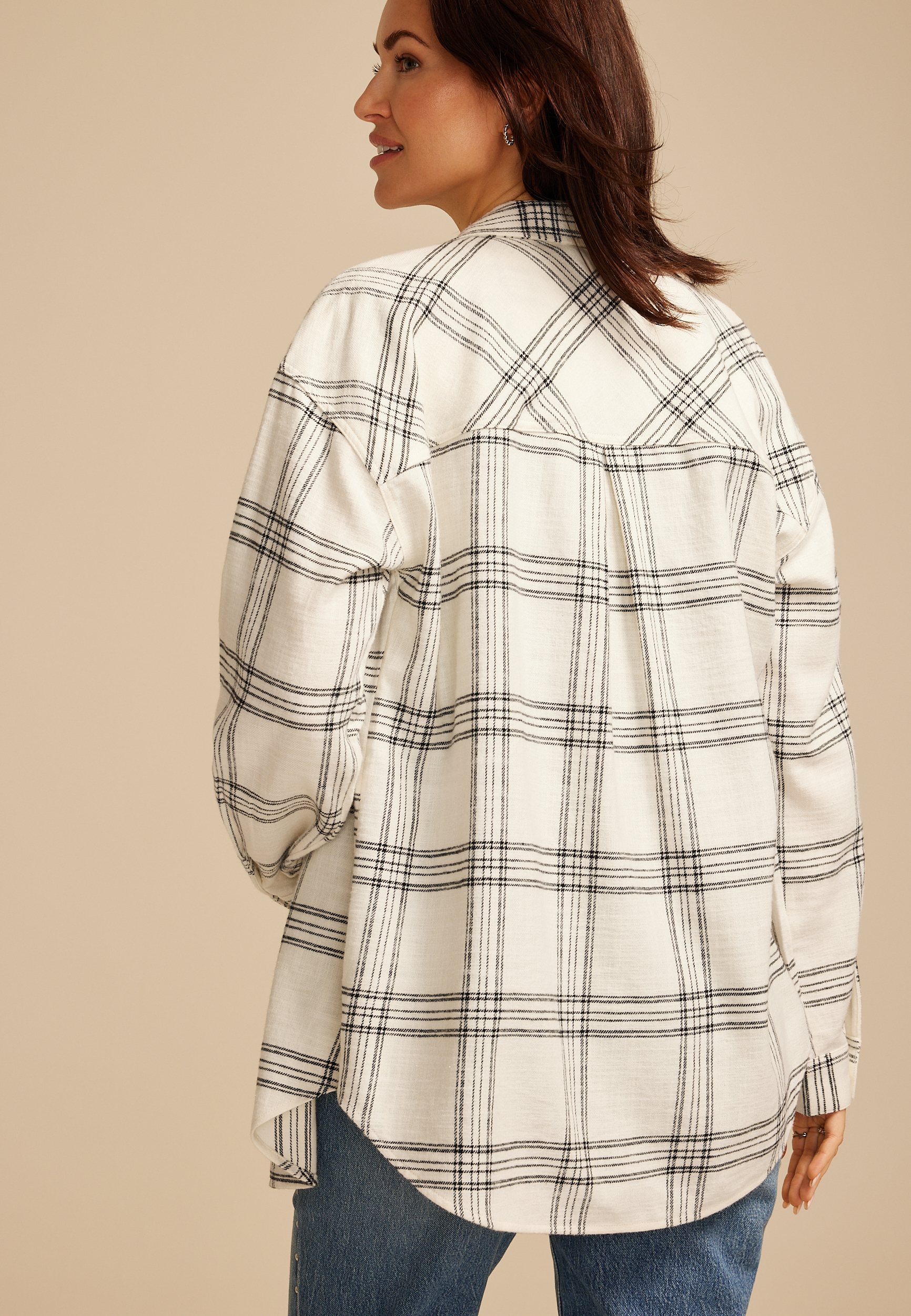Cabin Plaid Boyfriend Tunic Button Down Shirt, C2867, large