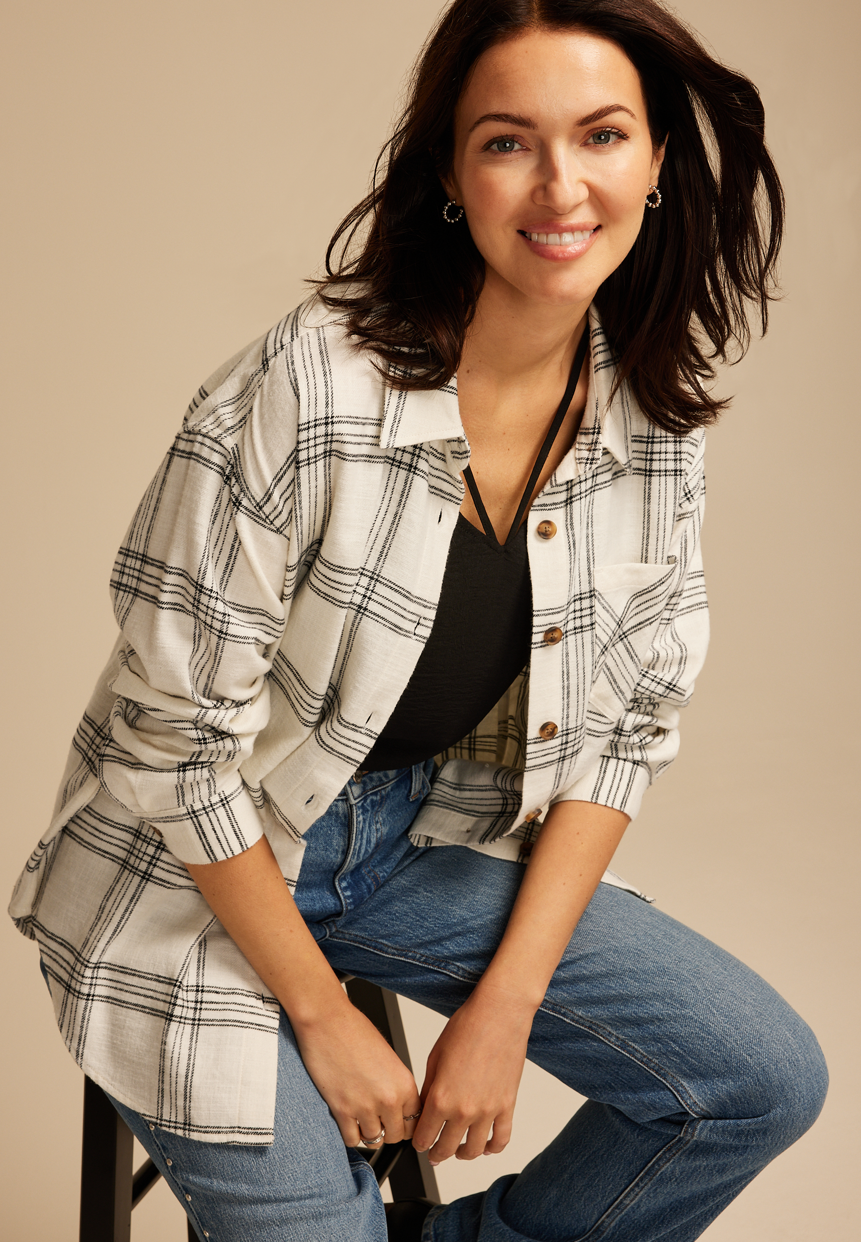 Cabin Plaid Boyfriend Tunic Button Down Shirt, C2867, large