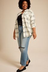 Plus Size Cabin Plaid Boyfriend Tunic Button Down Shirt, C2867, small