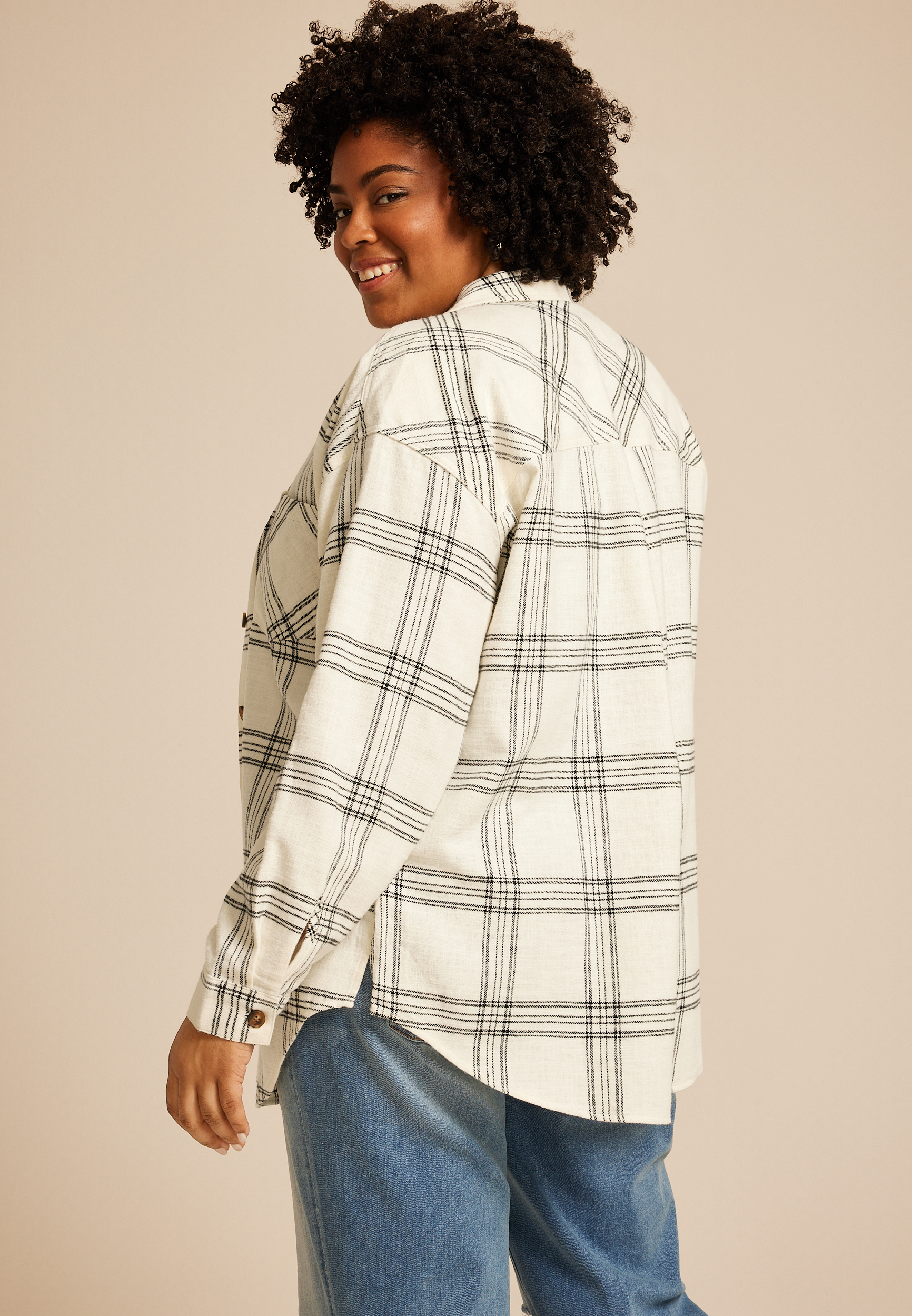 Plus Size Cabin Plaid Boyfriend Tunic Button Down Shirt, C2867, large