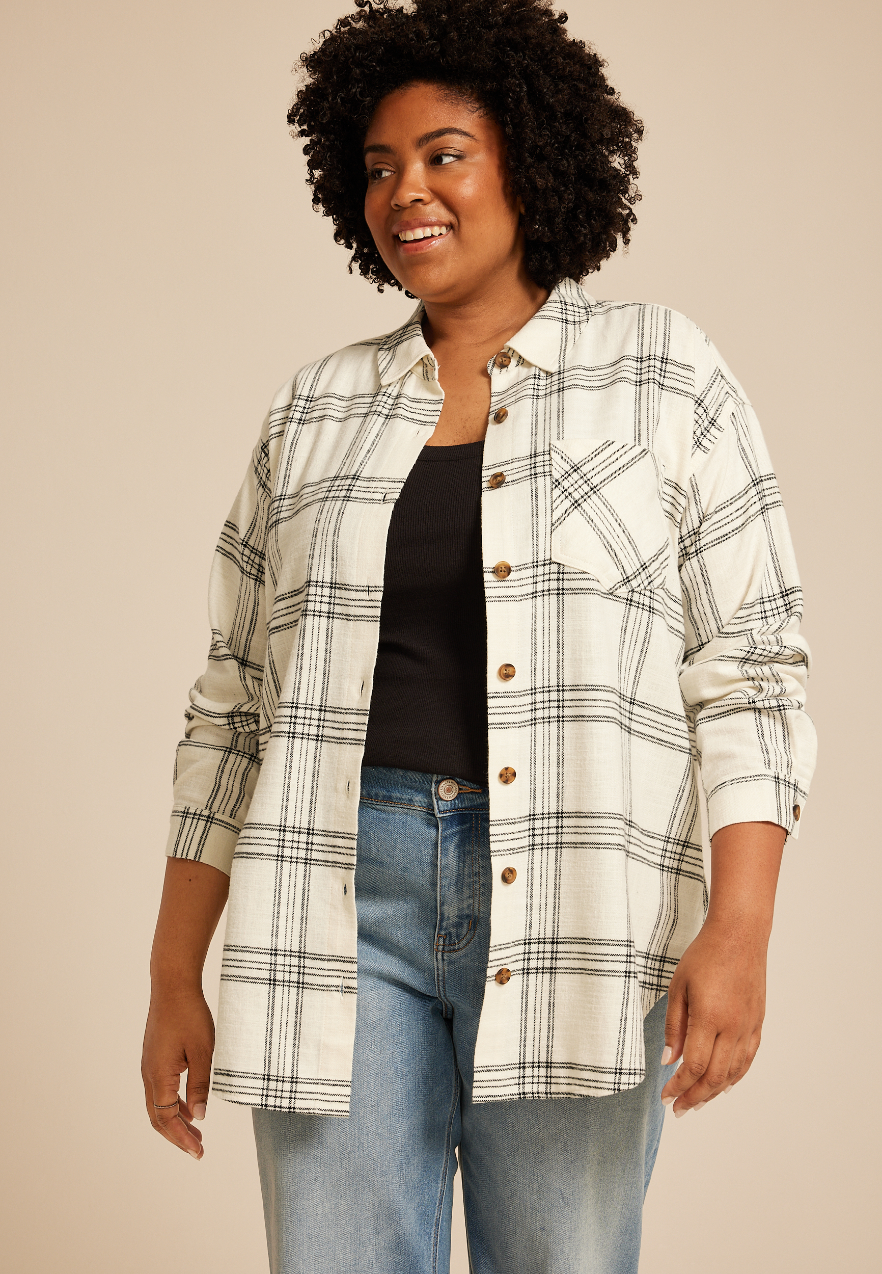 Plus Size Cabin Plaid Boyfriend Tunic Button Down Shirt, C2867, large