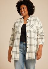 Plus Size Cabin Plaid Boyfriend Tunic Button Down Shirt, C2867, small