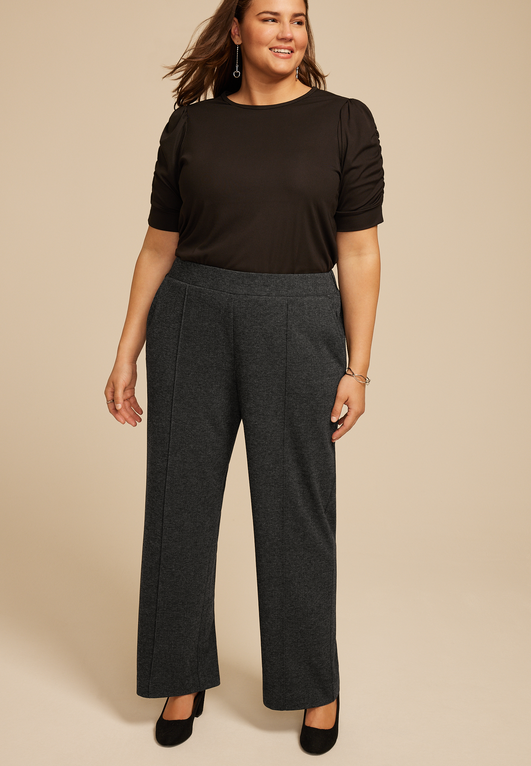 Plus Size Herringbone Knit High Rise Wide Leg Pant, C1770, large