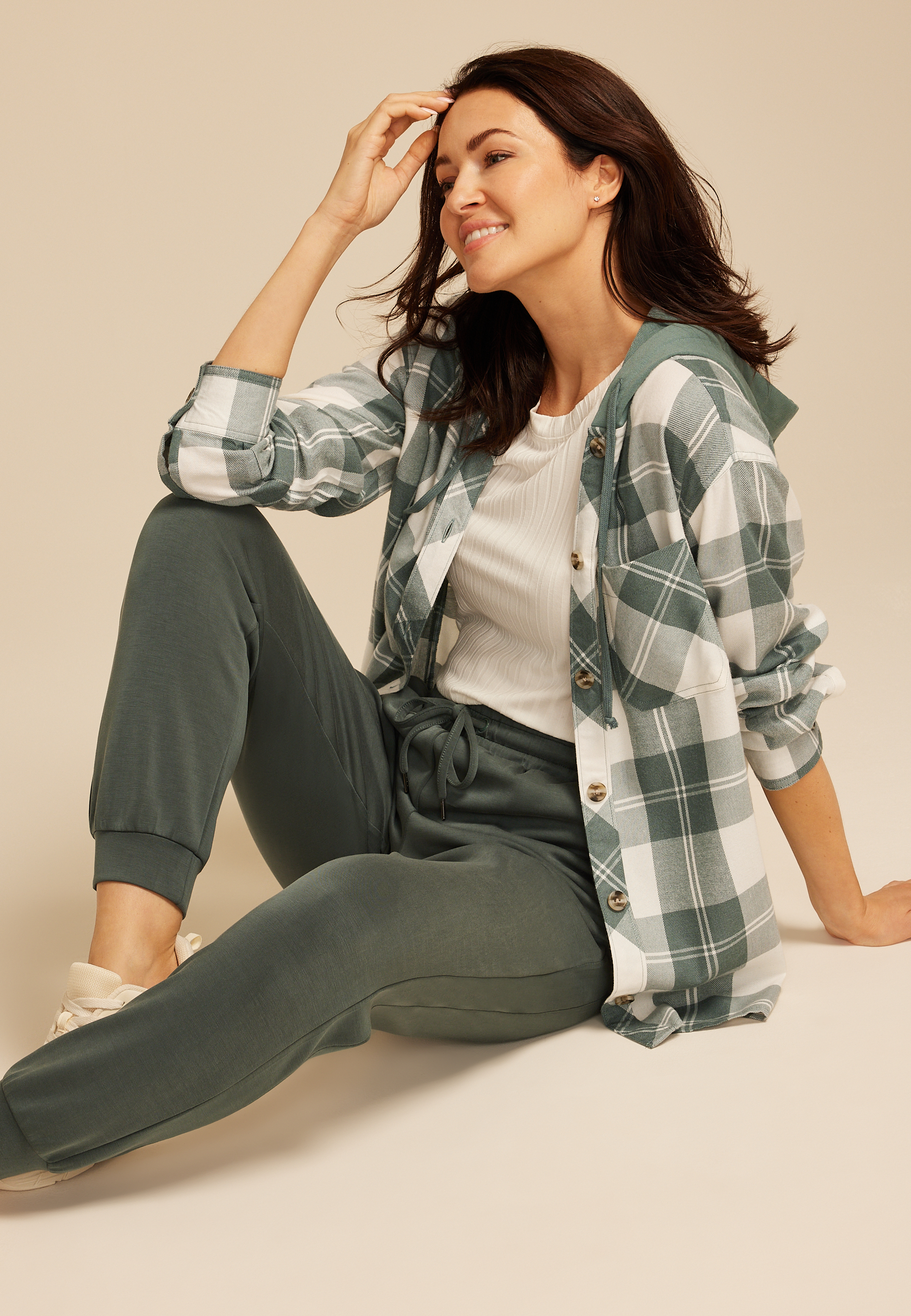 Plaid Hooded Boyfriend Button Down Shirt, OPERA TEAL COMBO, large