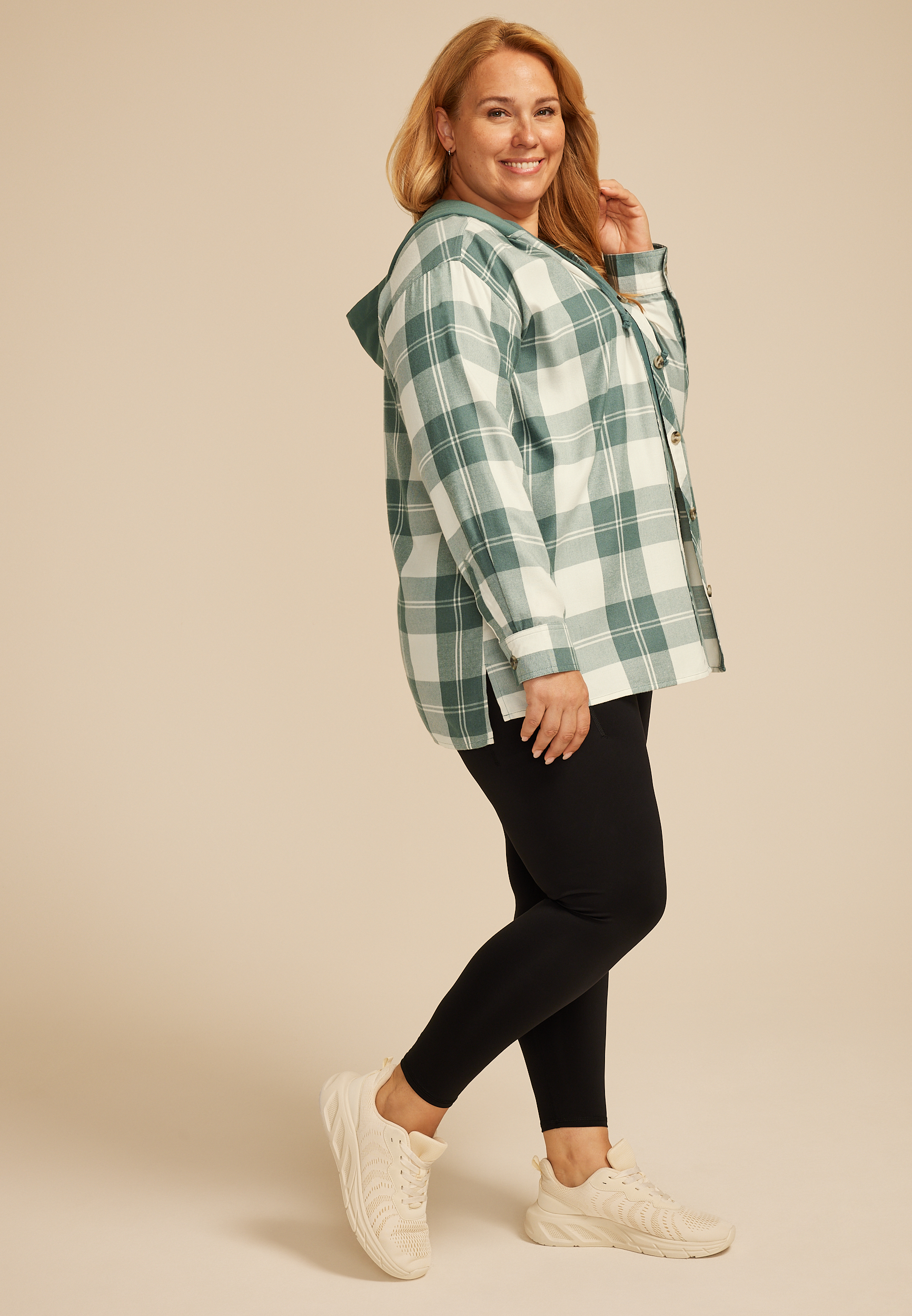 Plus Size Plaid Hooded Boyfriend Button Down Shirt