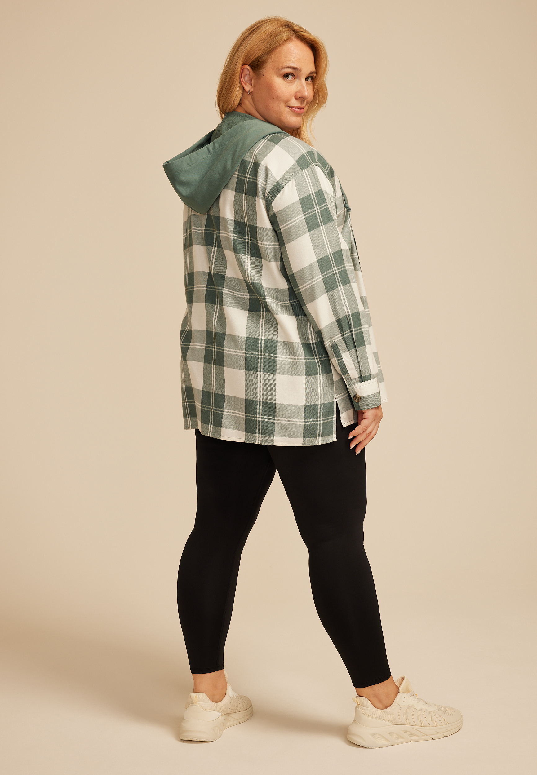 Plus Size Plaid Hooded Boyfriend Button Down Shirt, C8125, large