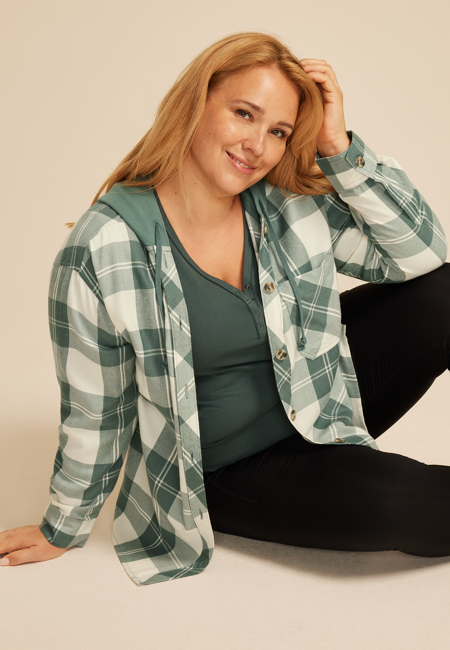 Plus Size Plaid Hooded Boyfriend Button Down Shirt, C8125, large
