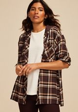Plaid Hooded Boyfriend Button Down Shirt, C6216, small