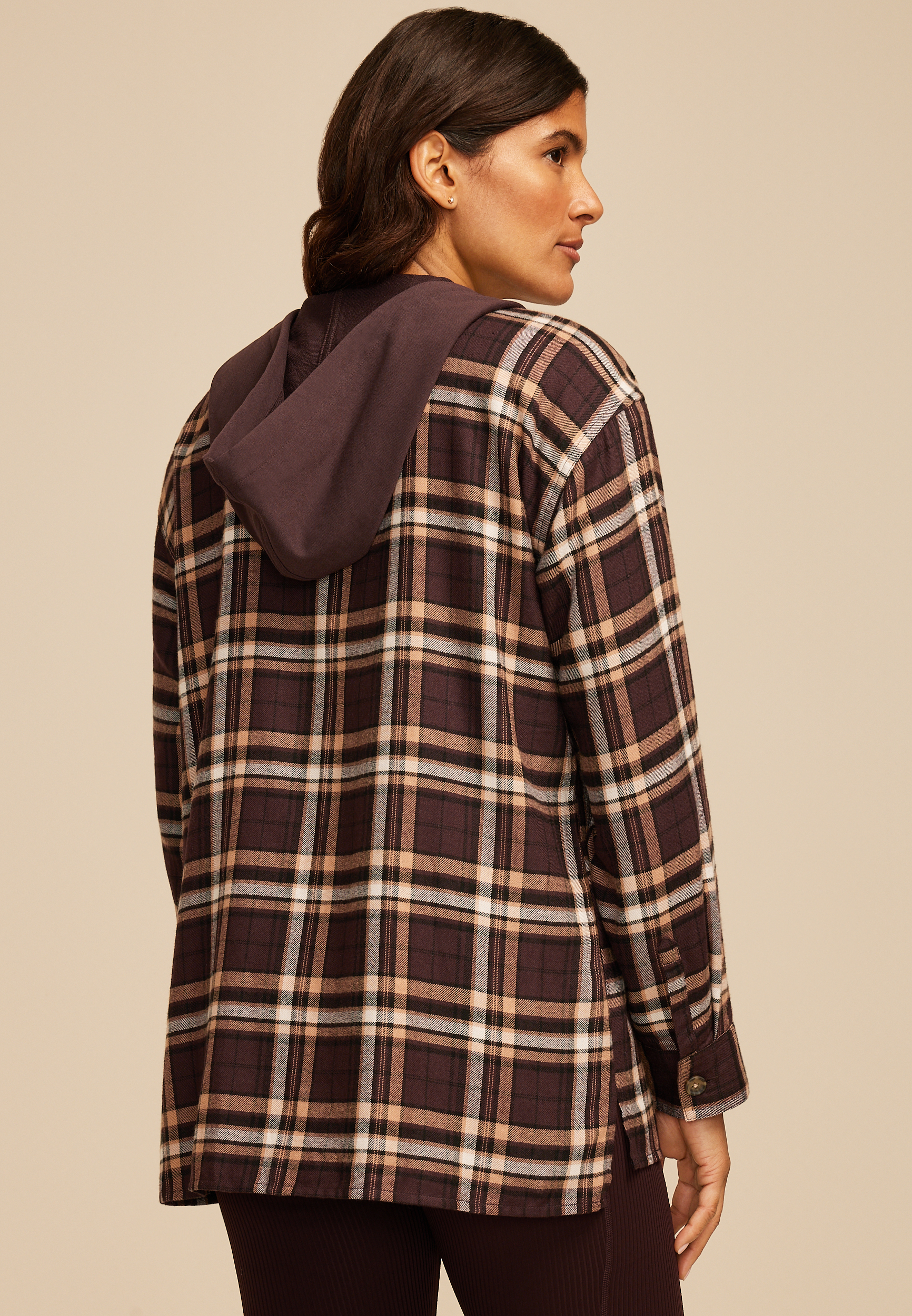 Plaid Hooded Boyfriend Button Down Shirt, C6216, large