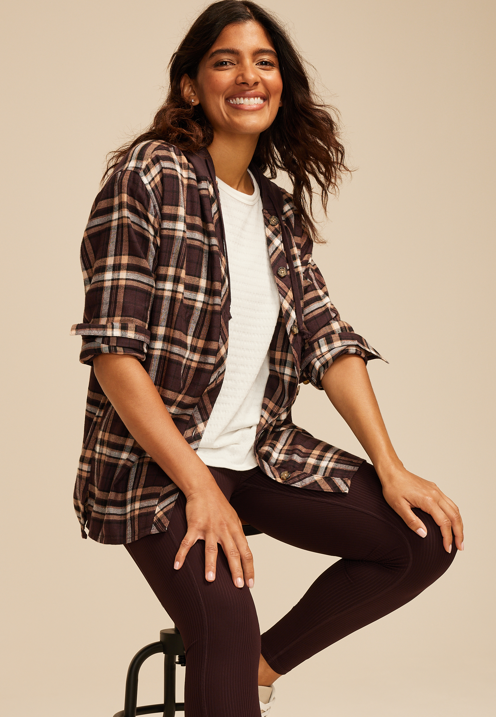 Plaid Hooded Boyfriend Button Down Shirt, C6216, large