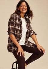 Plaid Hooded Boyfriend Button Down Shirt, C6216, small