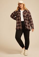 Plus Size Plaid Hooded Boyfriend Button Down Shirt, MAPLE COMBO, small