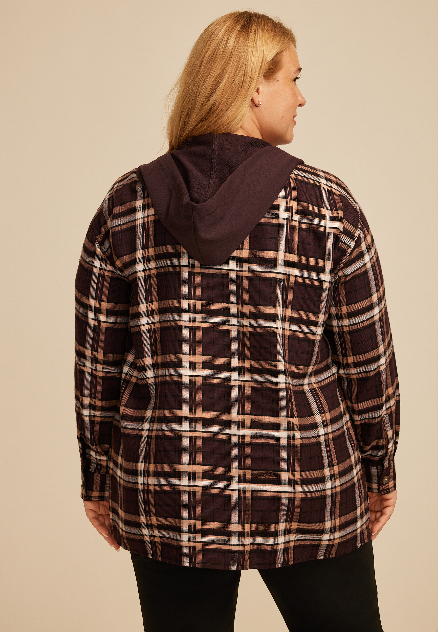 Plus Size Plaid Hooded Boyfriend Button Down Shirt, MAPLE COMBO, large