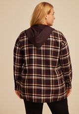 Plus Size Plaid Hooded Boyfriend Button Down Shirt, MAPLE COMBO, small