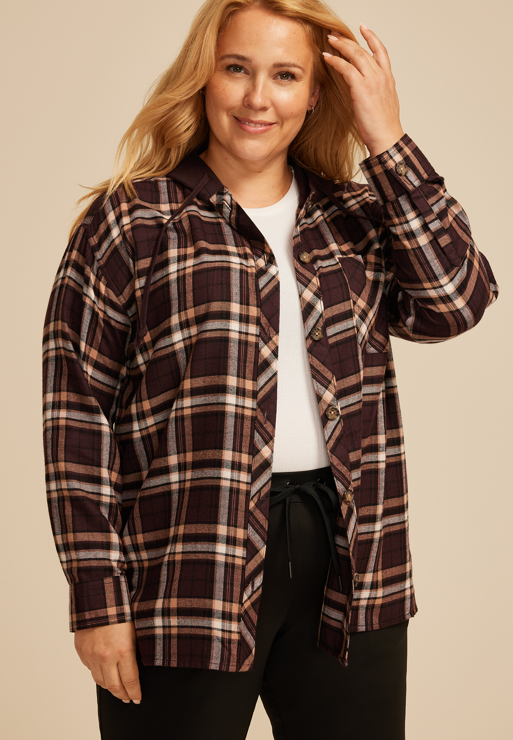 Plus Size Plaid Hooded Boyfriend Button Down Shirt, MAPLE COMBO, large