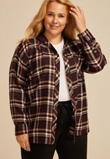 Plus Size Plaid Hooded Boyfriend Button Down Shirt, MAPLE COMBO, small