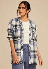 Plaid Hooded Boyfriend Button Down Shirt, TAUPE COMBO, small