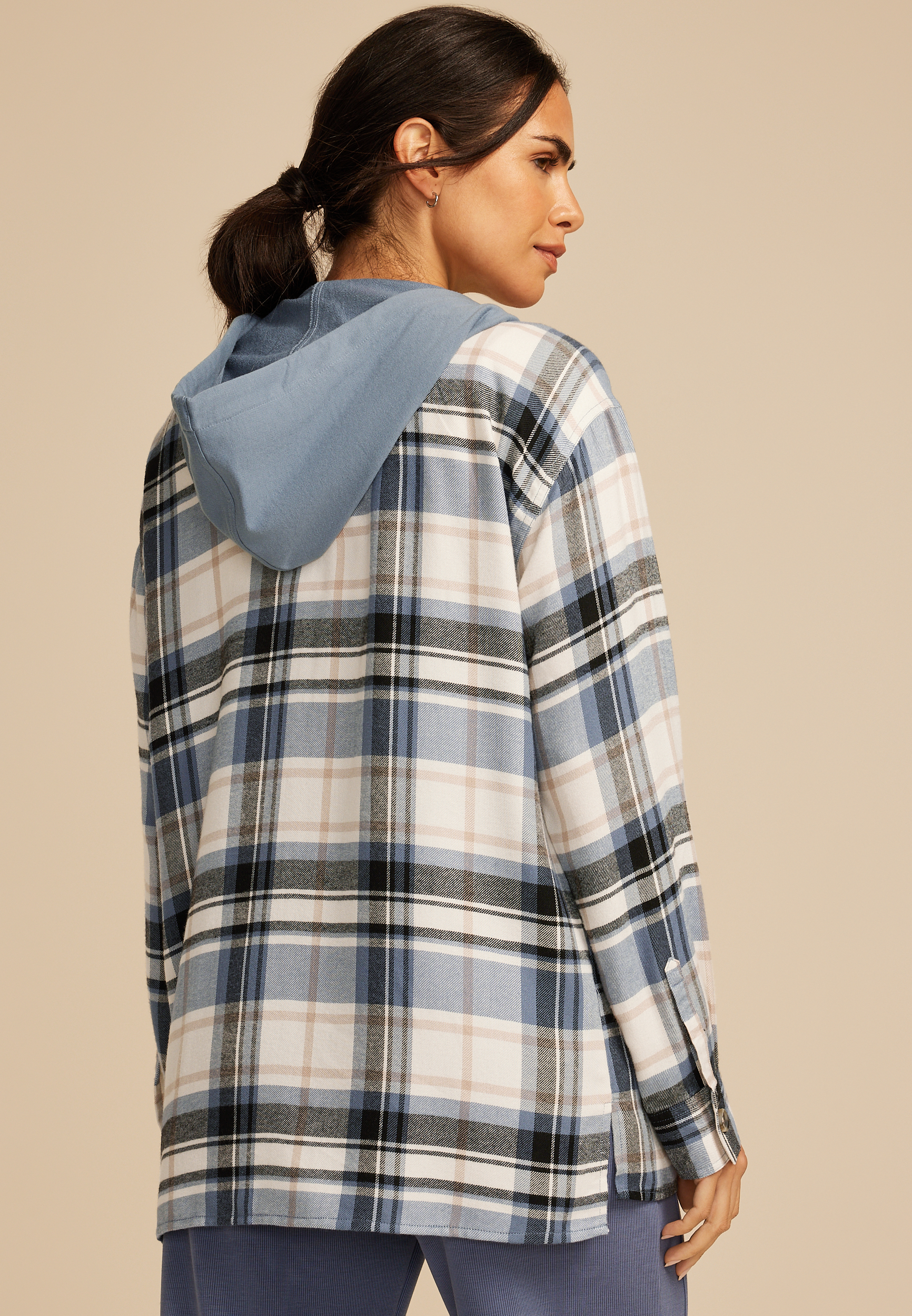 Plaid Hooded Boyfriend Button Down Shirt, TAUPE COMBO, large