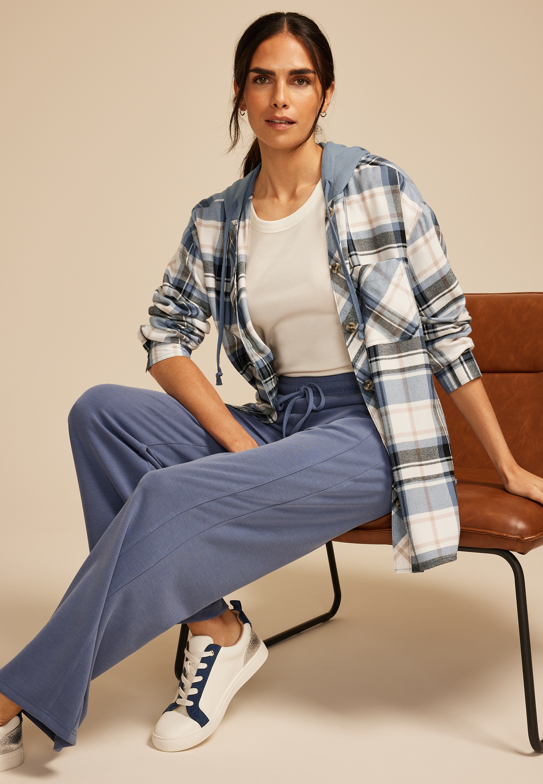 Plaid Hooded Boyfriend Button Down Shirt, TAUPE COMBO, large