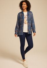 Plaid Hooded Boyfriend Button Down Shirt, NAVY COMBO, small