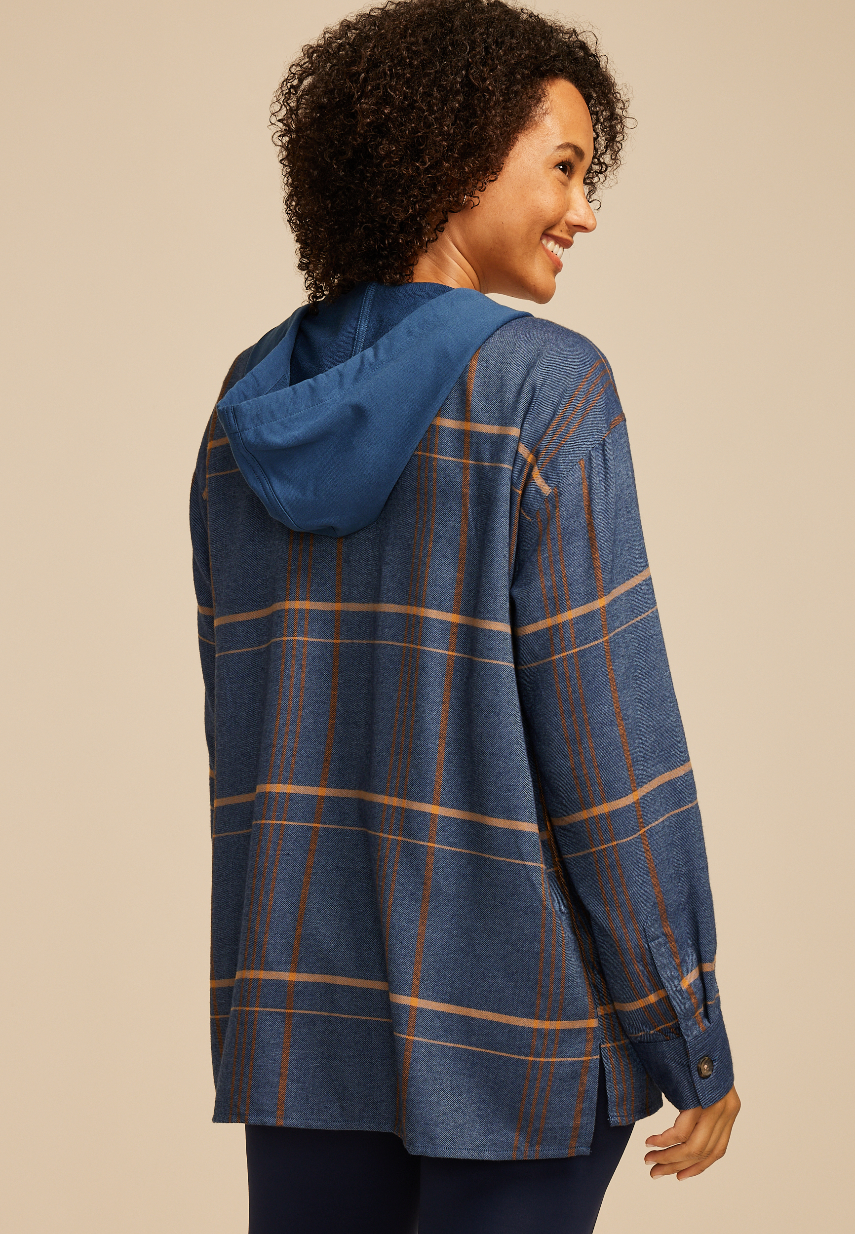 Plaid Hooded Boyfriend Button Down Shirt, NAVY COMBO, large