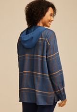 Plaid Hooded Boyfriend Button Down Shirt, NAVY COMBO, small
