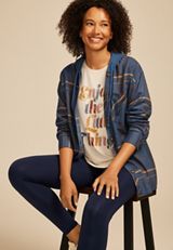 Plaid Hooded Boyfriend Button Down Shirt, NAVY COMBO, small