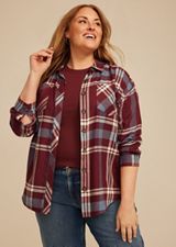 Plus Size Plaid Button Down Boyfriend Shirt, TAWNY PORT COMBO, small