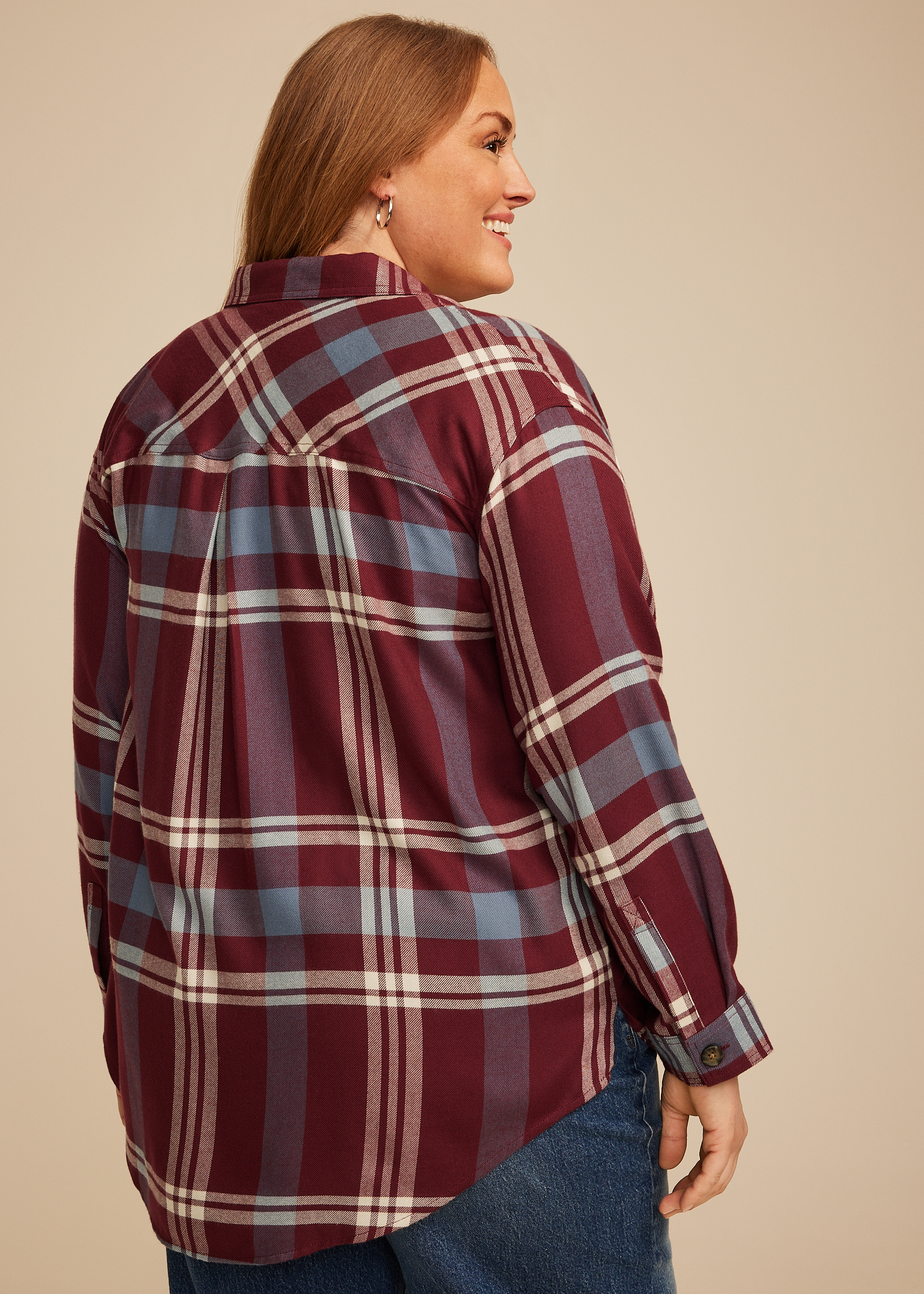 Plus Size Plaid Button Down Boyfriend Shirt, TAWNY PORT COMBO, large