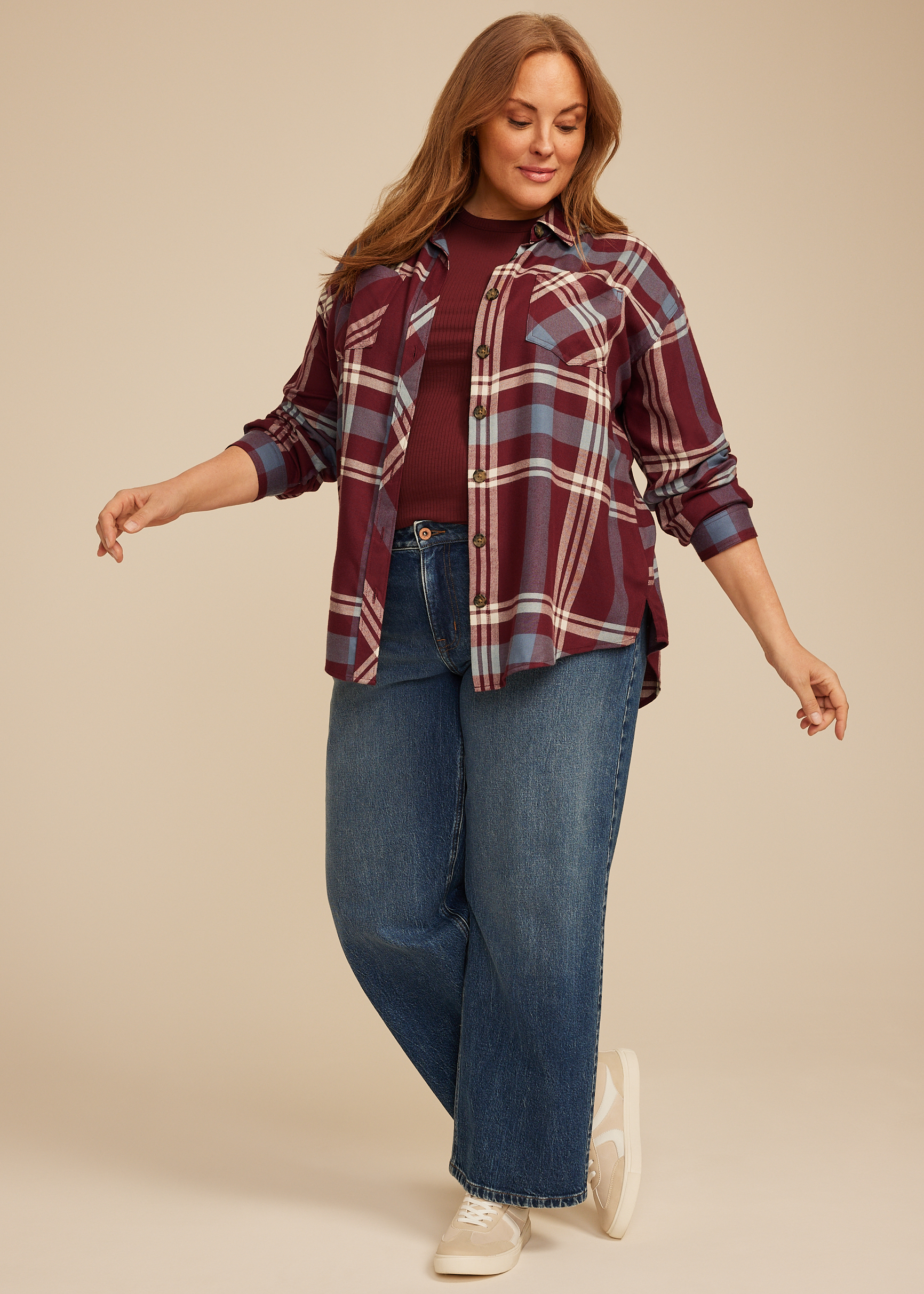 Plus Size Plaid Button Down Boyfriend Shirt, TAWNY PORT COMBO, large