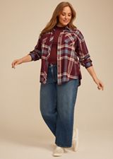 Plus Size Plaid Button Down Boyfriend Shirt, TAWNY PORT COMBO, small