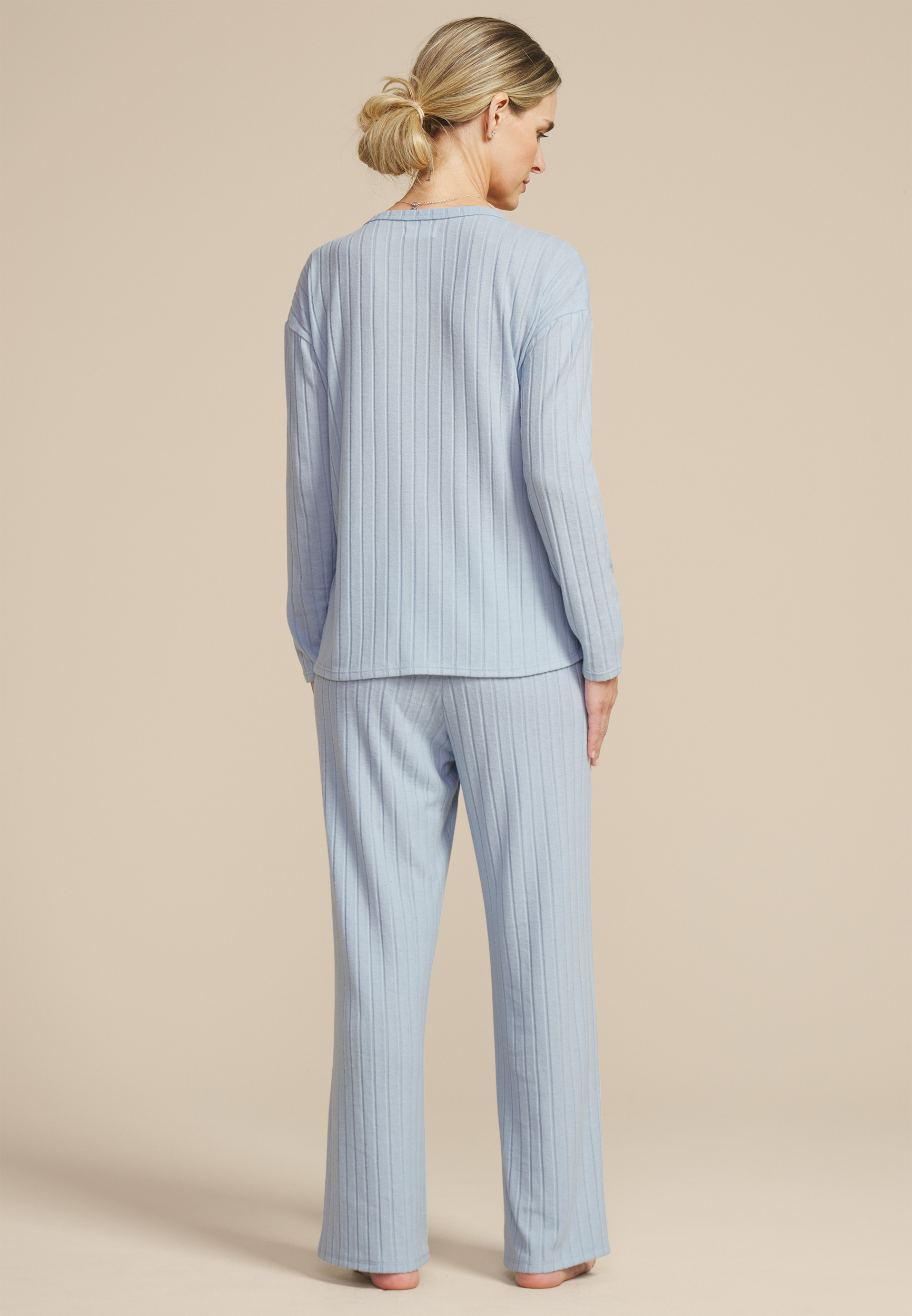 Blue Ribbed Knit And Wide Leg Pajama Set