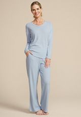 Cozy Wide Ribbed Long Sleeve Tee And Wide Leg Pajama Set, C9675, small