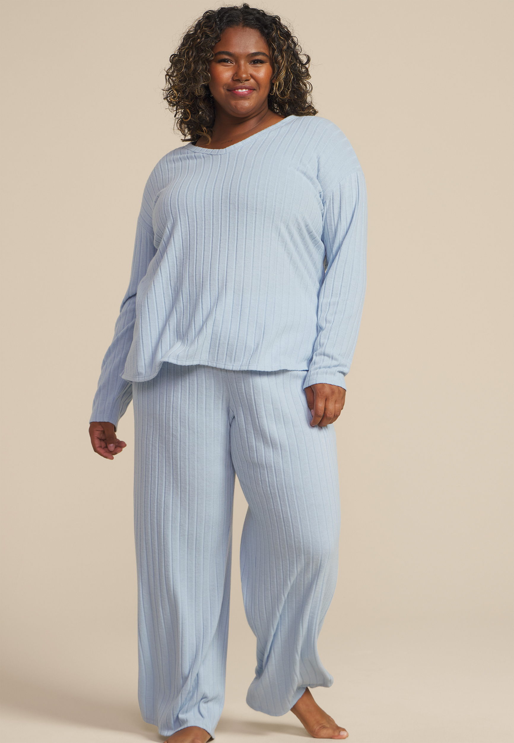 Plus Size Cozy Wide Ribbed Long Sleeve Tee And Wide Leg Pajama Set
