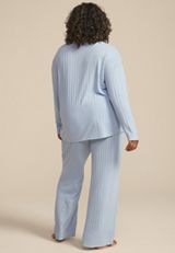 Plus Size Cozy Wide Ribbed Long Sleeve Tee And Wide Leg Pajama Set, CASHMERE BLUE, small