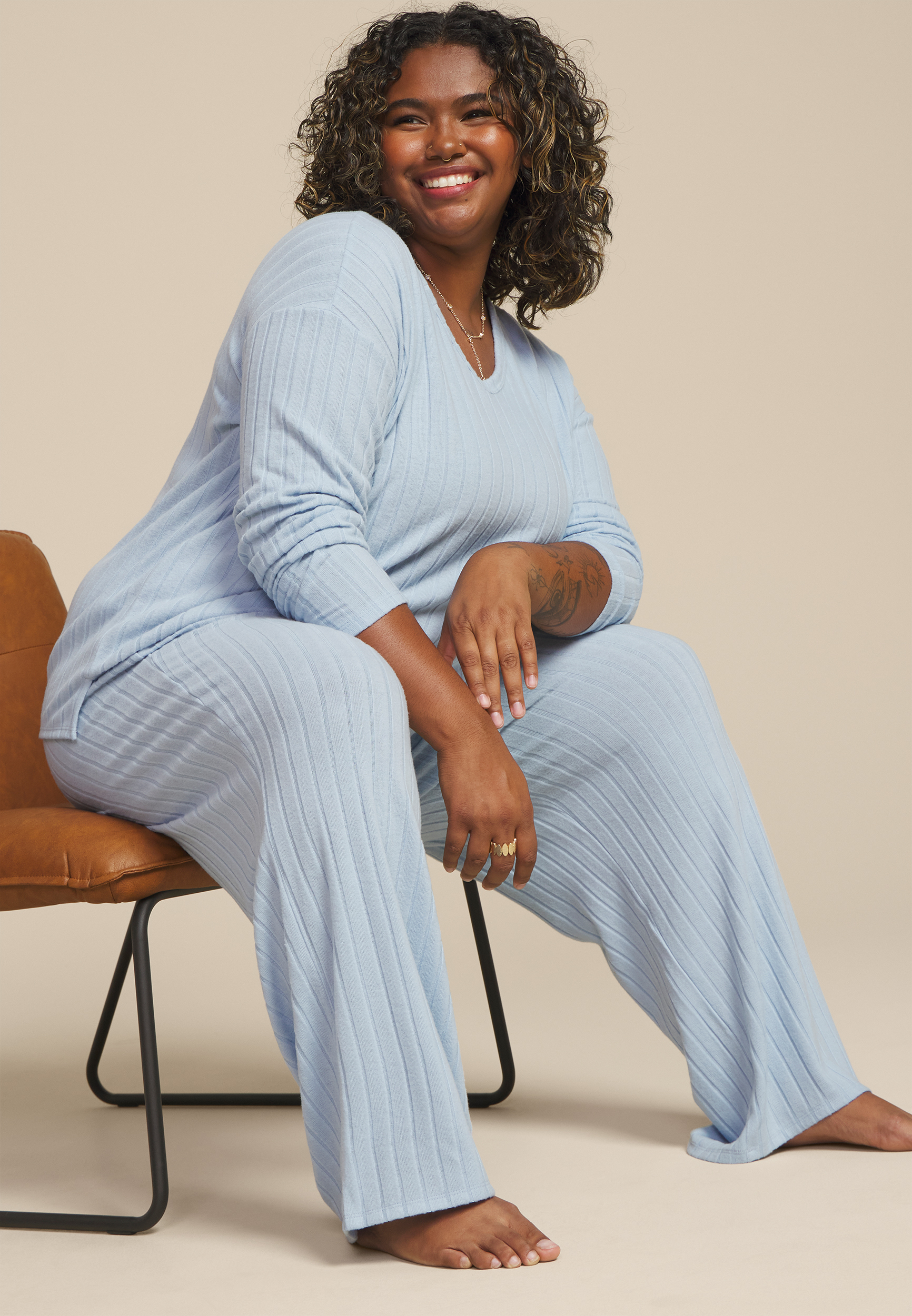 Plus Size Cozy Wide Ribbed Long Sleeve Tee And Wide Leg Pajama Set, CASHMERE BLUE, large