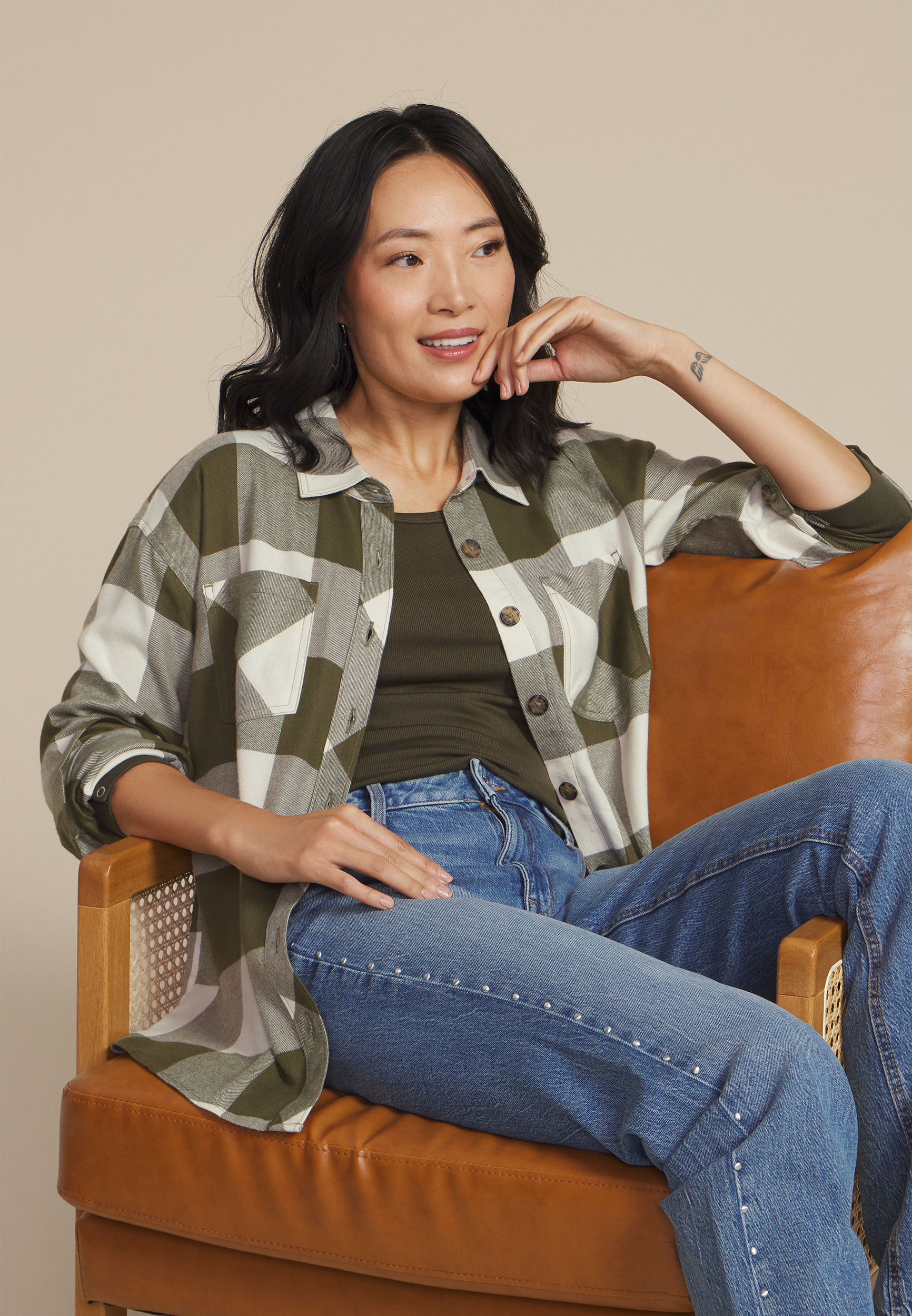 Plaid Button Down Boyfriend Shirt, DARK OLIVE COMBO, large