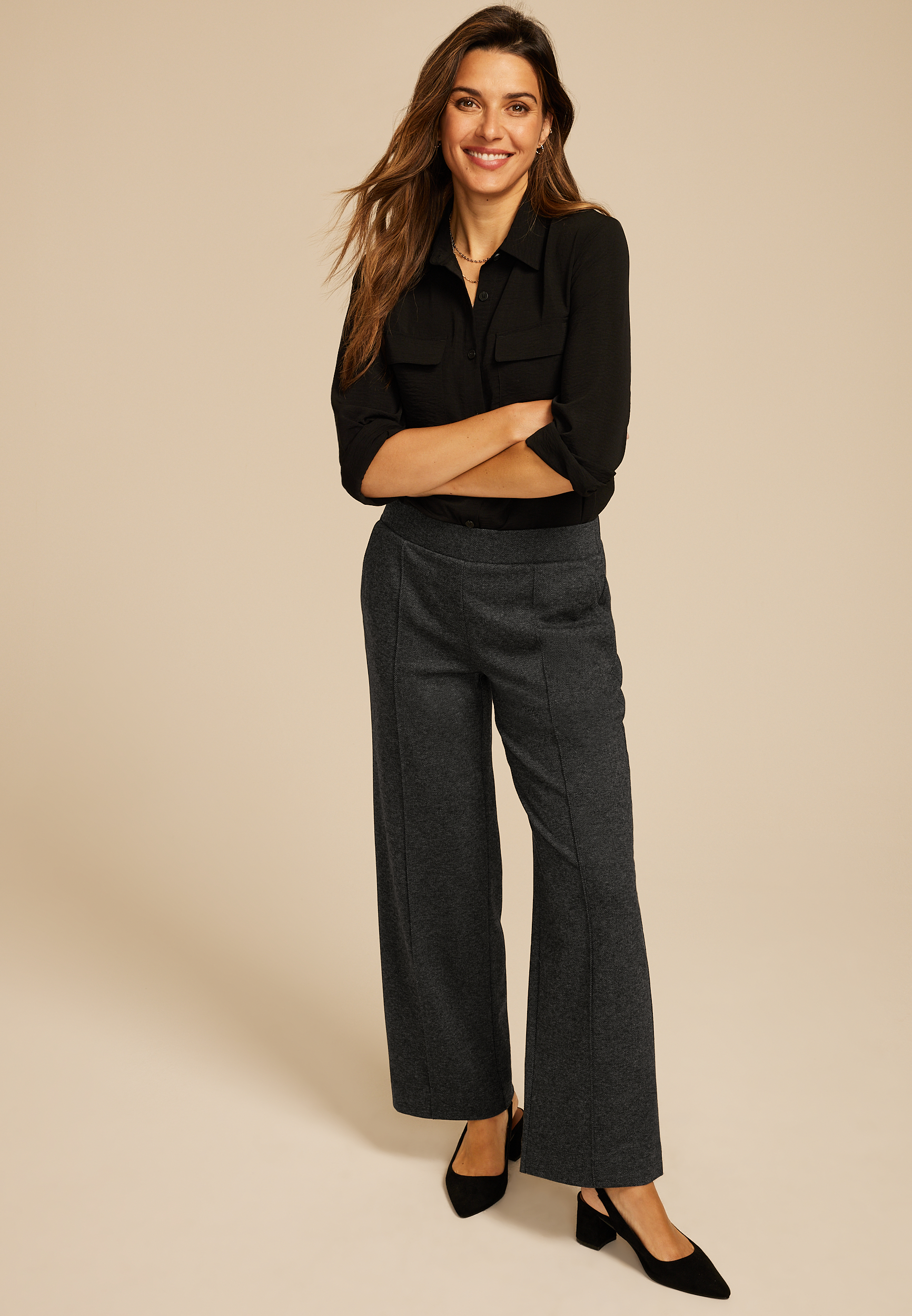 Herringbone Knit High Rise Wide Leg Pant